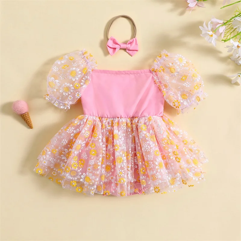 

0-24M Baby Girls Floral Mesh Romper Dress with Headband Infant Toddler Puff Short Sleeve Square Neck Bodysuits Baby Clothes