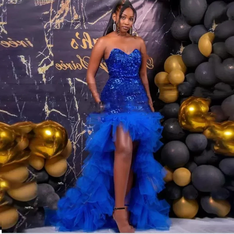 

Royal Blue Sequined And Ruffles Tulle Prom Dresses Sexy Sweetheart High Low Evening Gowns Aso Ebi Strapless Formal Party Dress