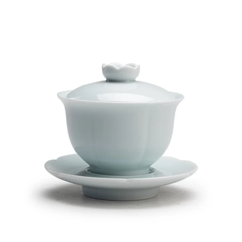 Lotus Green Porcelain Gaiwan Set Large White Celadon Tea Bowl Kung Fu Tea Set Traditional Cup and Saucer 150ml