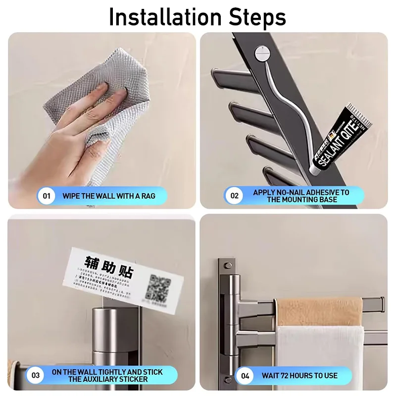 180&deg; Rotatable Swivel Towel Bar Wall Mount Self Adhesive Bathroom Towel Rack Holder Hook Aluminum 2/3/4/5 Bar Hanger