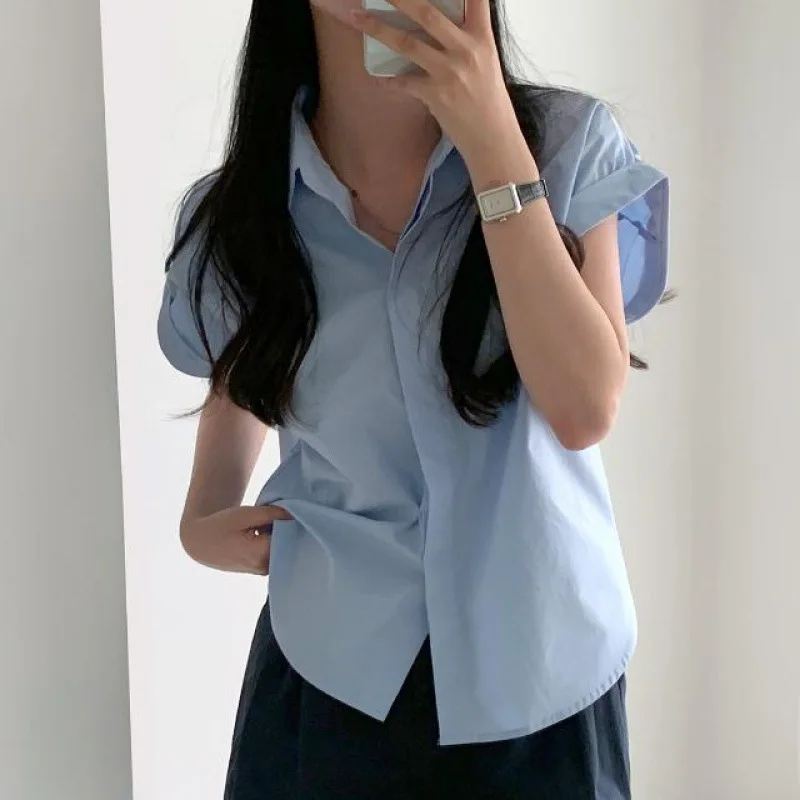 여성용 캐주얼 V넥 솔리드 셔츠 블라우스, 오피스 레이디 용수철, 우아한 반팔 슬림 셔츠, 화이트 탑, 여름 패션, 2024