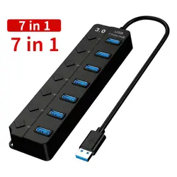 Premium 7 - Port USB 3.0 Hub with LED Indicators and Independent Switch Controls (Black7 - in - 11Pcs)