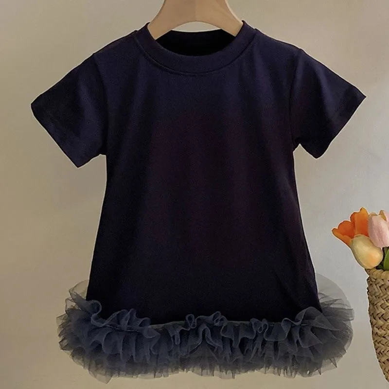 Baby Girl Tshirt Dress Mesh Bottom Summer Infant Toddler Girl Long Tshirt Vestido Short Sleeve Casual Baby Clothes 1-10Y girls dress kids clothes