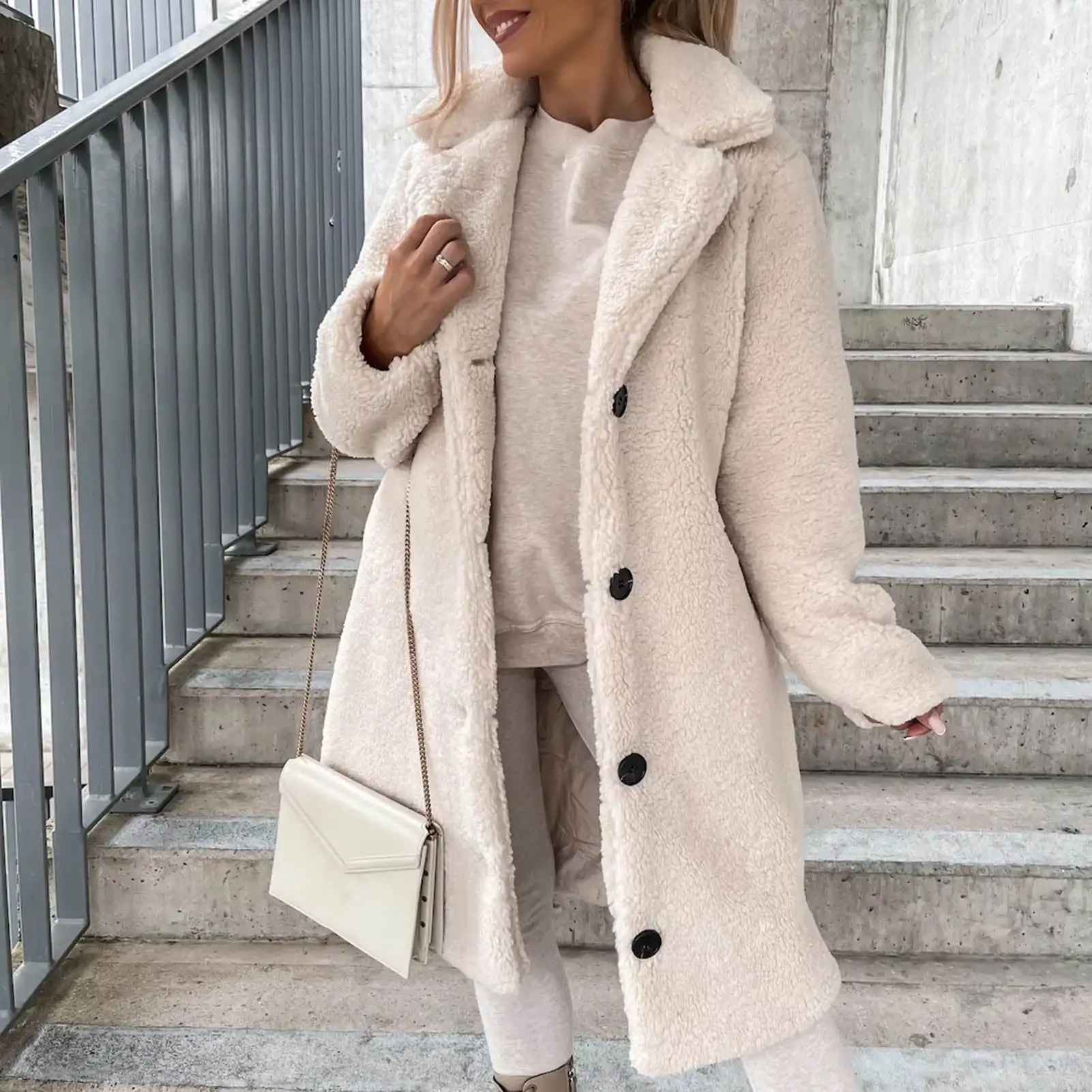 Women Winter Faux Fur Button Coat Warm Loose Teddy Fuzzy Fleece Sherpa Long Sleeve Lapel Jacket Clothes with Pocket men s front pocket letter california los angeles embroidered quarter zip fluffy textured sherpa fleece pullover teddy sweatshirt and ethnic style pais