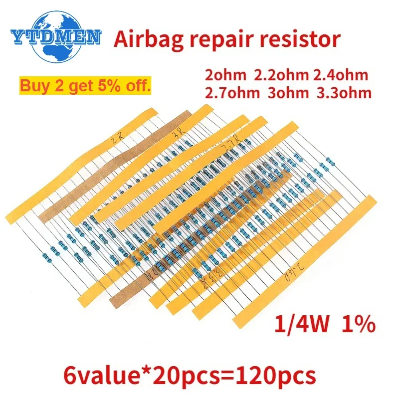 120PCS Metal Film Resistor Kit 1/4w 1% Resistance 2ohm 2.2ohm 2.4ohm 2.7ohm 3ohm 3.3ohm for Car Airbag Repair Resistor 0.25w