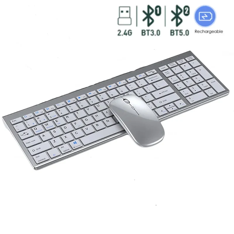 Conjunto de Teclado e Mouse sem Fio de Três Modos Recarregável Tamanho Completo Vários Dispositivos