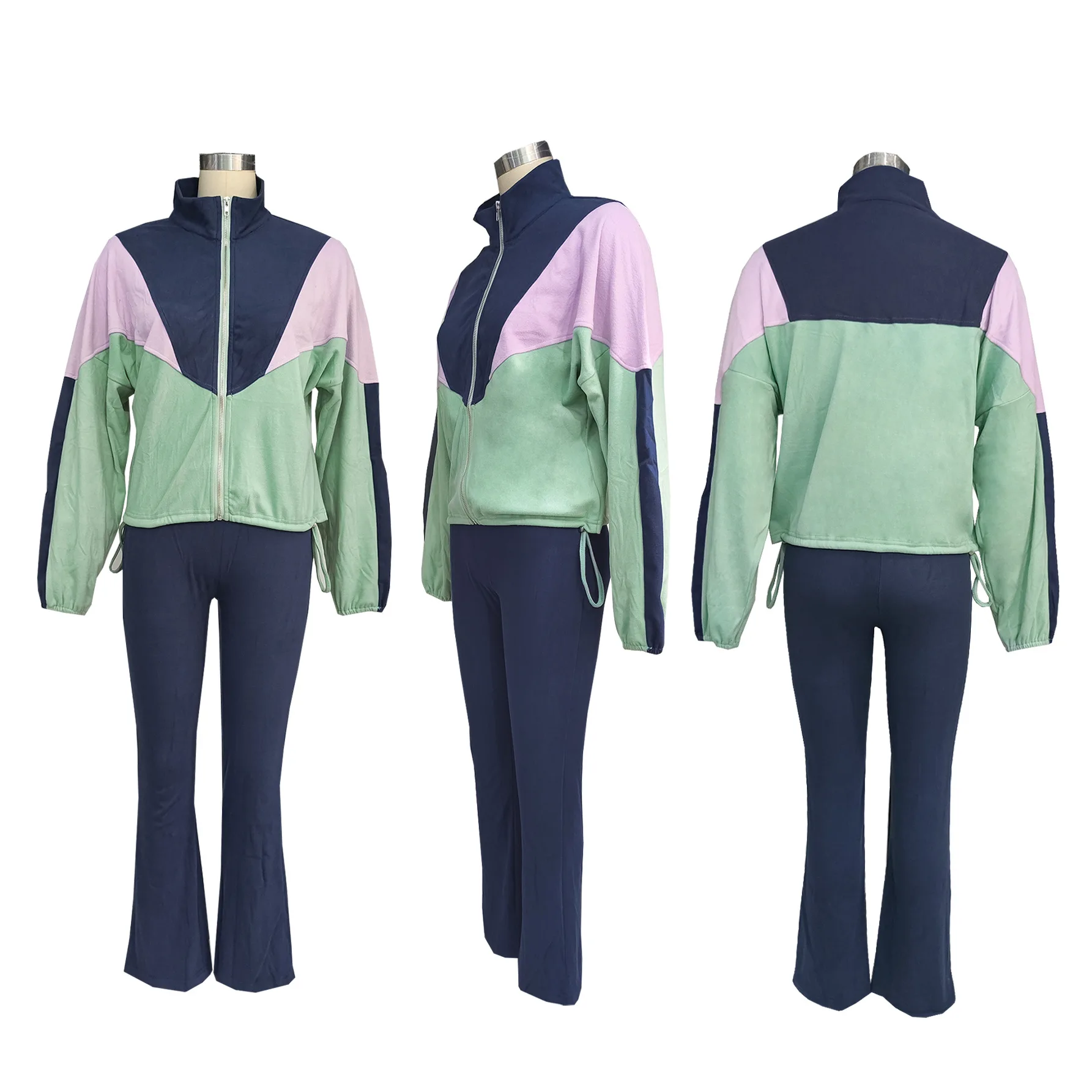 Wmstar Women Clothing Long Sleeve Colorblock Lapel Zipper Suit Cardigan Tight Pants Sports Two-piece Set Wholesale Dropshipping