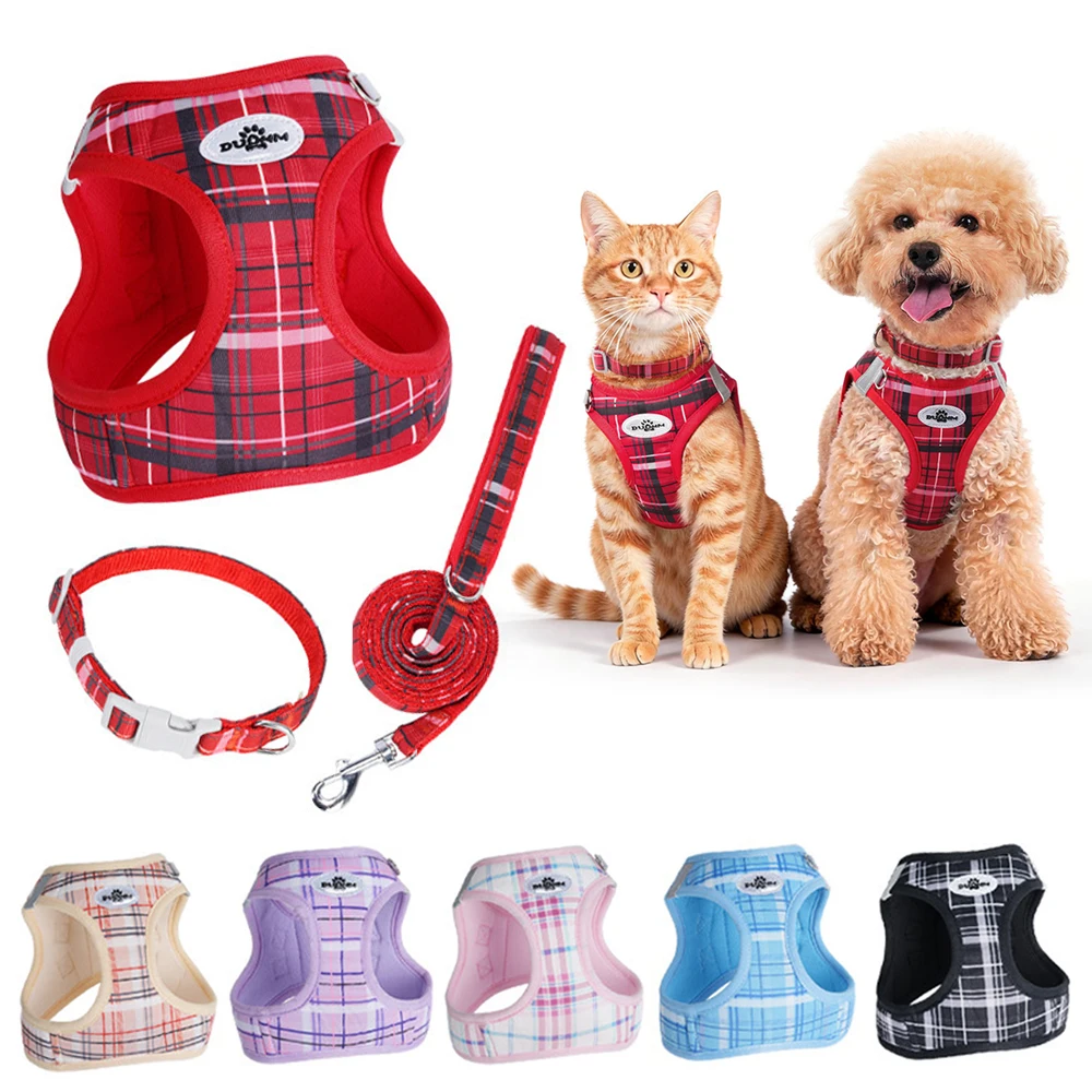 Adjustable Plaid Pet Leash And Collar Set For Cats And Dogs_voghion.com