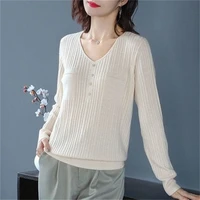 2024 Spring Autumn Women Korean Fashion Elegant Simple Solid Basic Knitwears Female Casual V Neck Long Sleeve Slim Pullover Tops 3