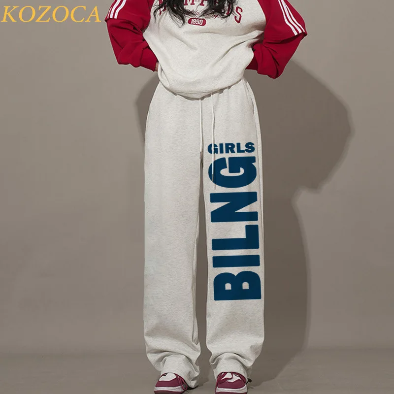 

Kozoca New Letter Printed Hip-hop Street Dance Pants Elastic Waist Tie Up Casual Loose Sports Pants Sweatpants Women Streetwear