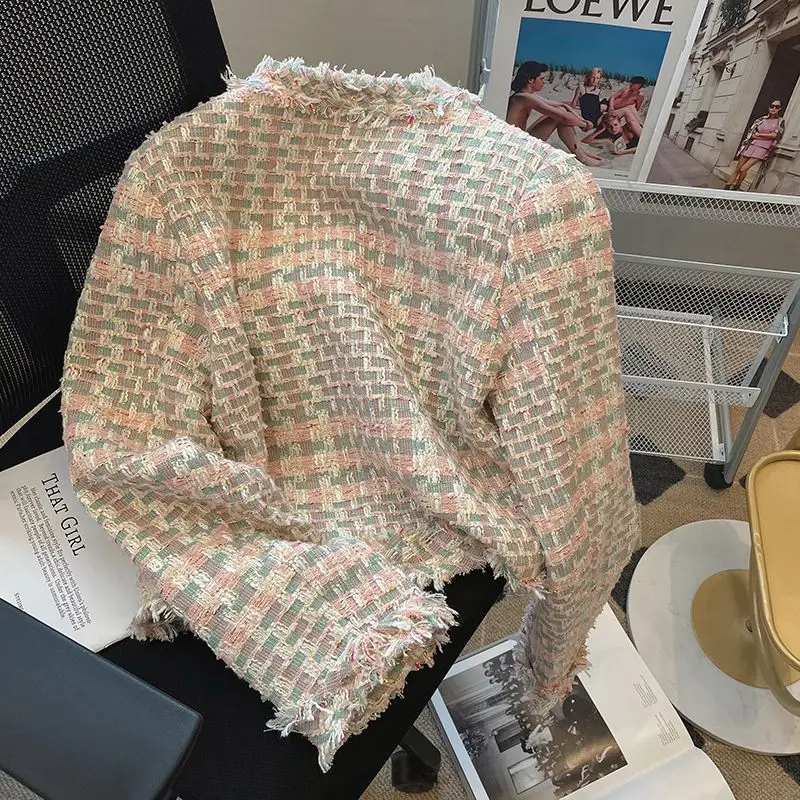 New Tweed Jacket Autumn Women Coat Korean Chic Long Sleeve Crop Top Tweed Blazer Party Outerwear Round Neck Harajuku