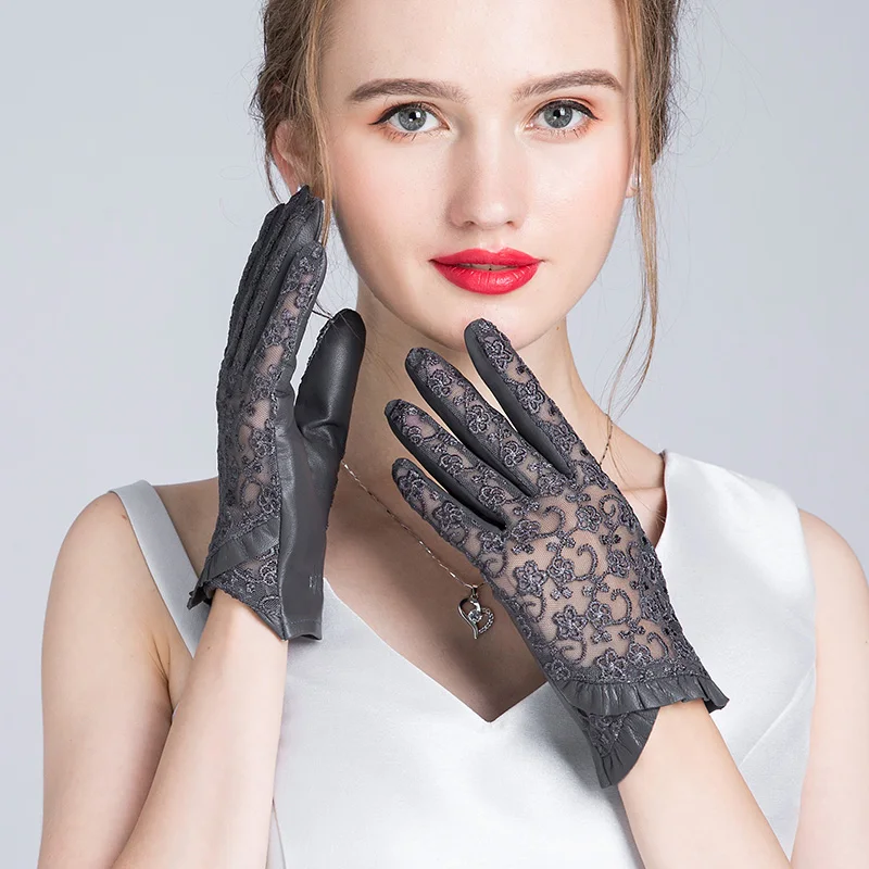 Lace Thin genuine leather gloves for women's spring and summer driving, cycling, sun protection, soft and breathable short touch