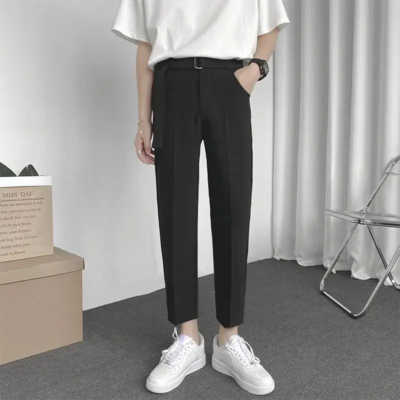 thumbnail image 1 of Pantalones para hombre de oficina gris recto elástico drapeado 9 recortado ajustado trabajo fluido trenzado trajes de hombre pantalones elásticos ropa de moda, 1 of 5