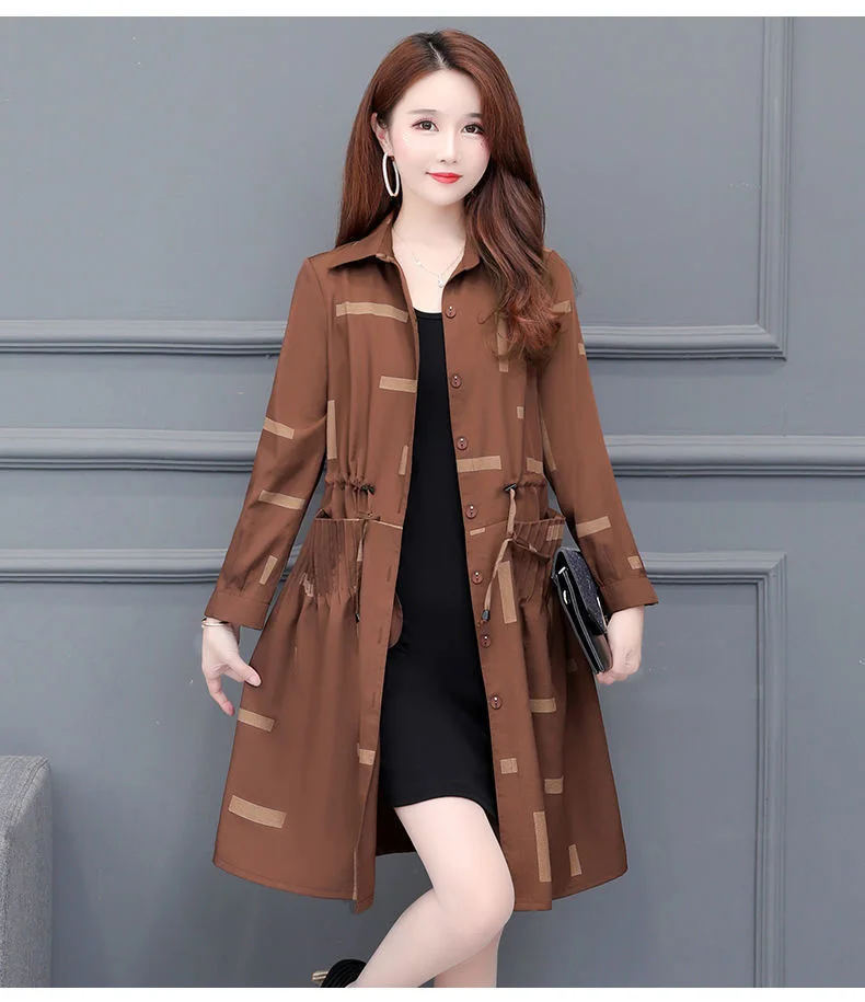 Plus Size Printing Trench Coat Womens Long  Autumn Winter New Windbreaker Jacket Women Fashion All-match Casual Overcoat