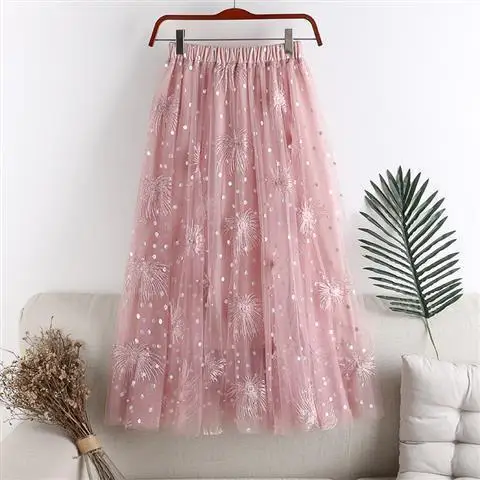 purple skirt Girly Style Summer Sweet Travel Vacation Skirt Mesh Sequin Harajuku Embroidered Dandelion Pink Gentle Girl Shopping Mid Skirt white denim skirt Skirts