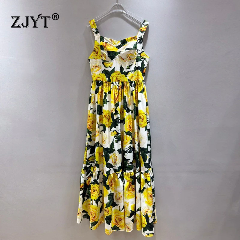 

ZJYT Runway Fashion Summer Long Spaghetti Strap Dress Women Floral Print Sleeveless Backless Sexy Party Dresses Vacation Vestido