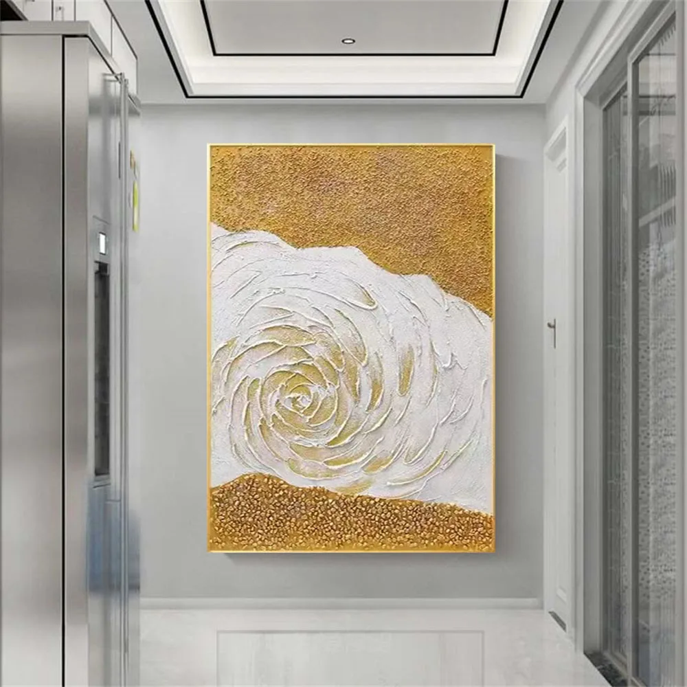 

Pure Hand-Painted Gold-White Flower Canvas, Handmade Abstract Oil Painting, Wall, Modern Home Decoration, Porch Art