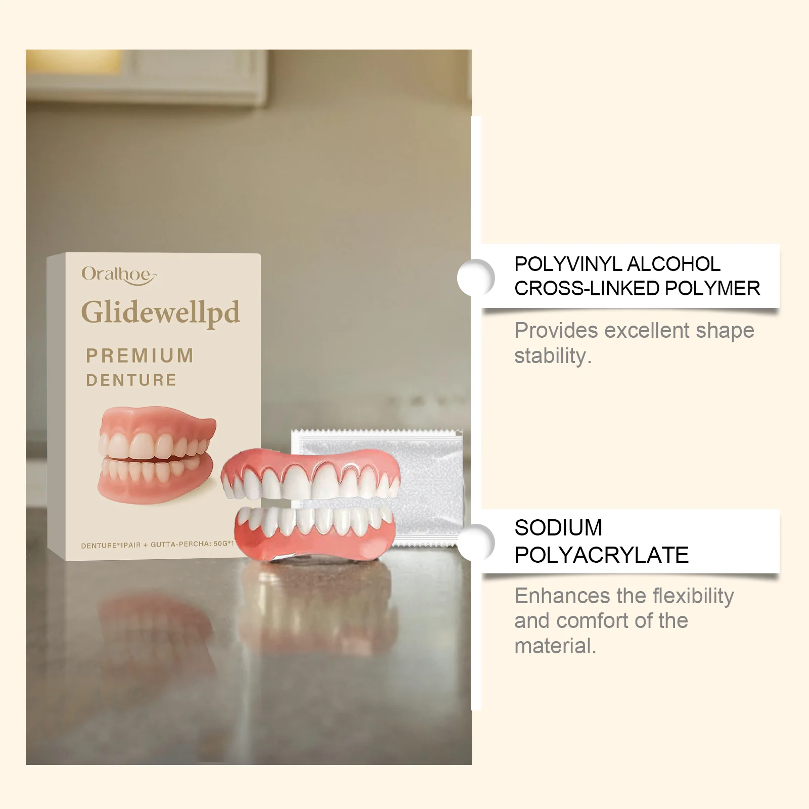 Over Gums Soft Silicone Dentures Full Set - enhances dental aesthetics, improves smile, denture care set