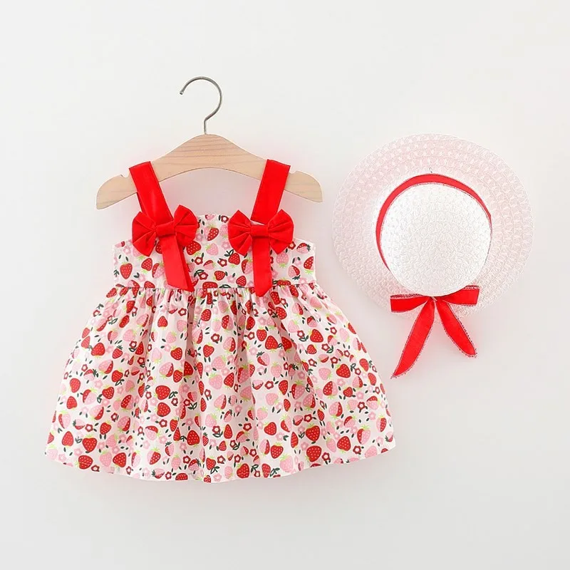 2pcsSummerNewBabyGirlsDressHatStrawberryPrintToddlerKids
