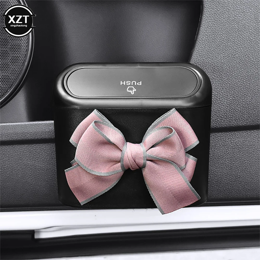 

Cute Bowknot Car Trash Bin Hanging Vehicle Garbage Dust Case Storage Box Pressing Type Trash Can Auto Car Interior Accessories