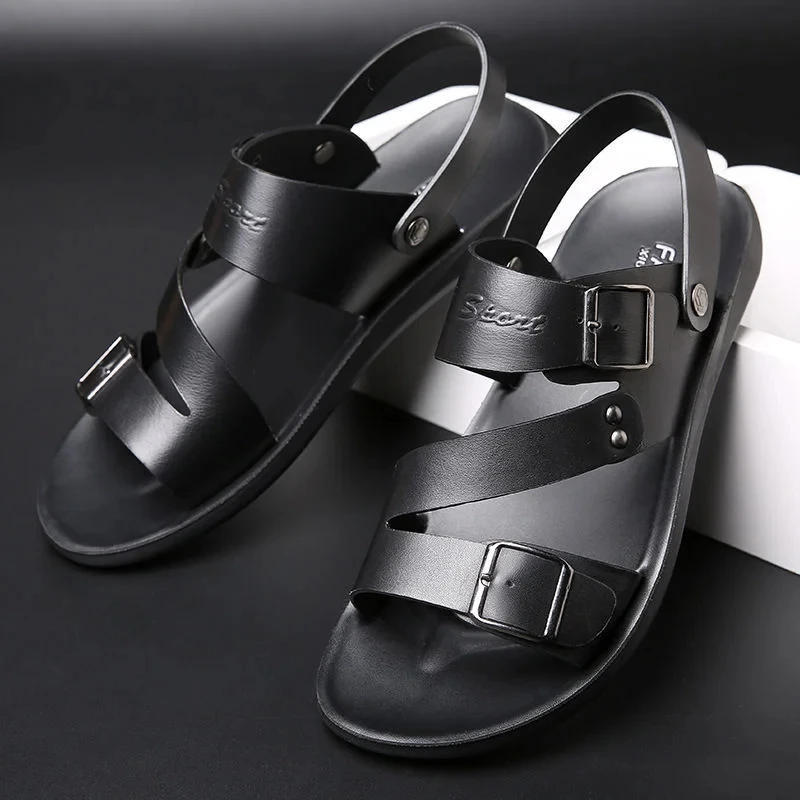Fashion Sandals Male Solid Color PU Leather Men Shoes Summer Comfortable Open Toe Leather Mens Sandals Beach Leather Footwear - Image 4
