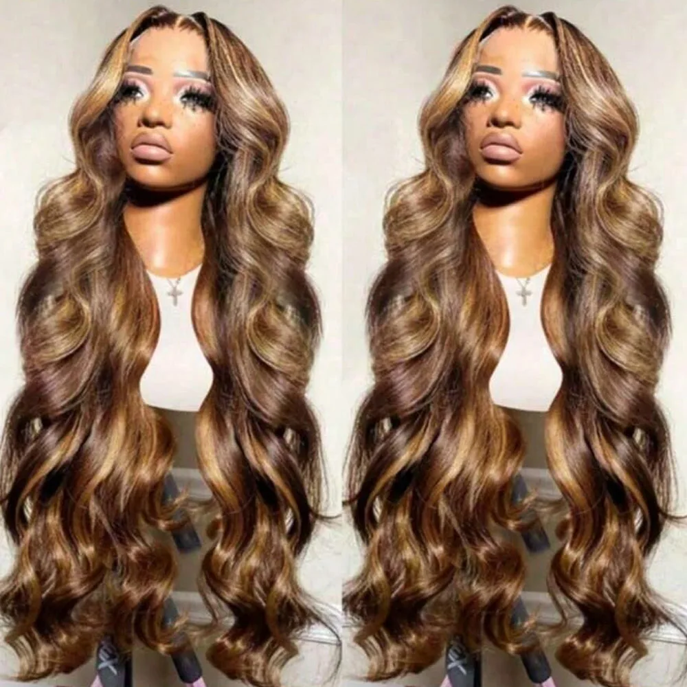 34 Inch 4/27 Honey Blonde Ombre 13x4 Lace Front Wigs Human Hair 200% Density Highlight Body Wave HD Lace Front Wigs Human Hair