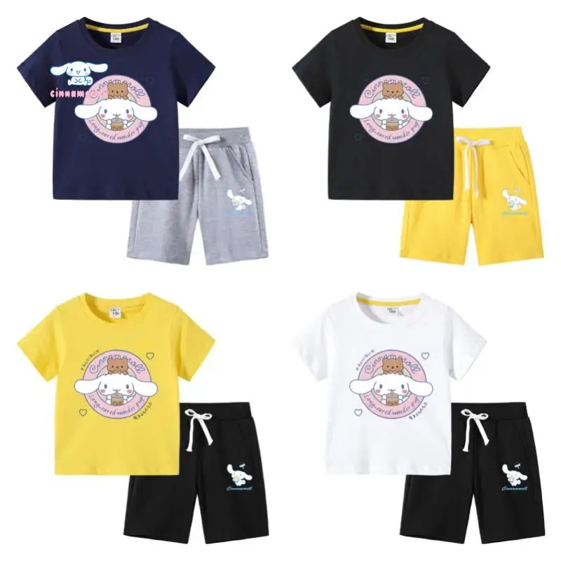 

Sanrio аниме Cinnamoroll Kawaii дети короткий рукав комплект из двух частей мультфильм летняя уличная девочка повседневный Набор Дети фестиваль подарок