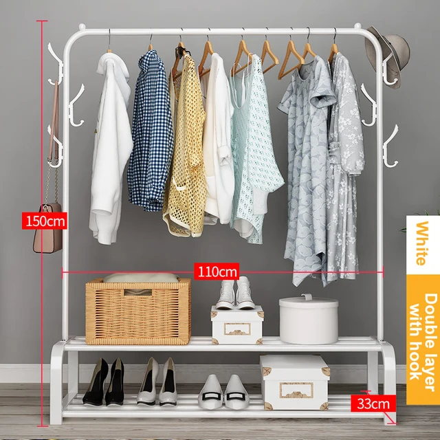 Garment Rack Free-standing Clothes Rack with Top Rod,Coat Rack Clothes, Hanger Wardrobe ,Clothes for Rack Lower Storage W-2layer-hook -110cm
