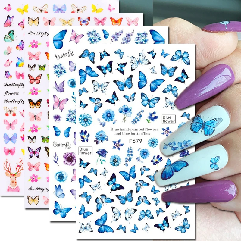 3D Blue Butterfly Adhesive Stickers for Nail Art Decoration - Laser Flower and Leaf Design