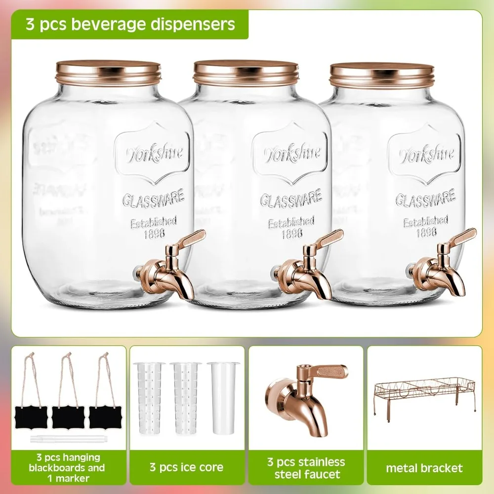 3 pcs 2 gallon glass drink dispenser with stand and lid mason jar beverage dispenser with stainless steel spigot, hanging chalk