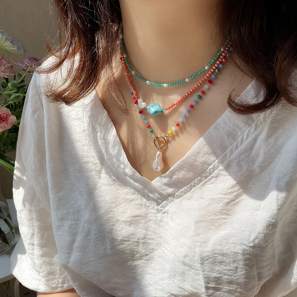Boho handmade beaded creative stacking turquoise choker seaside beach resort style OT buckle color crystal necklace