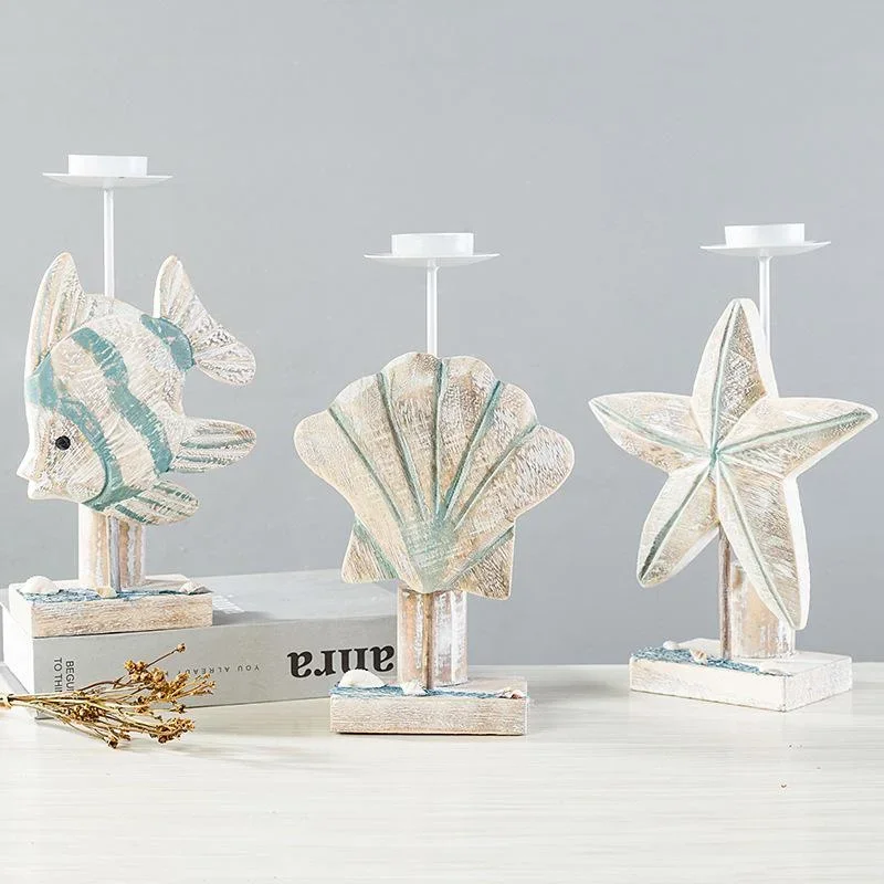Mediterranean Style Fish-shaped Candlestick Handicraft Gifts Wooden Starfish Candlestick Display Rack Home Desktop Decoration