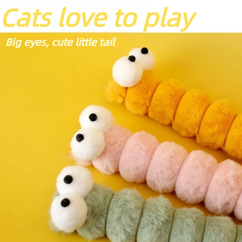 부드러운 봉제 애벌레 머리가 달린 고양이 티저 스틱, 성묘와 새끼 고양이의 활동적인 추격과 정신적 자극을 촉진합니다.