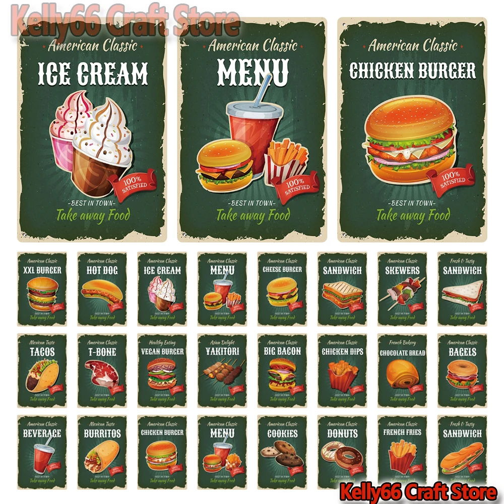 

[ Kelly66 ] Chicken Burger Ice Cream Menu Donuts Hot Dog Tin Poster Metal Sign Sport Bar Decor Wall Art Painting 20*30 CM LA-54