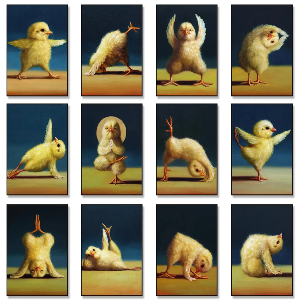 

Funny Animal Exercise Posters And Prints Cute Yoga Chick Retro Decor Wall Art Aerobic Sports Pose Canvas Painting For Gym Room