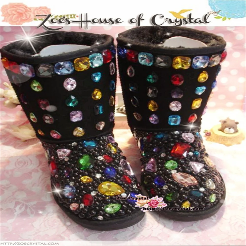 

Pearl-colored rhinestones winter warm boots with fleece casual hand-made fur one-piece boots women's plus size 35-44
