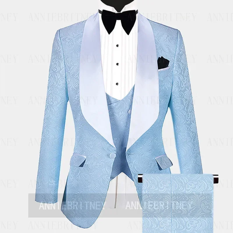 

High Quality Custom Jacquard Men Suit Sky Blue Jacket Vest Pants 3 Pieces Tuxedo Slim Fit Party Prom Wedding Groom Blazer Sets