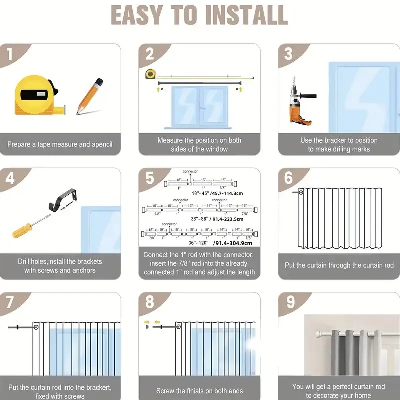 Contemporary Style Heavy-Duty Metal Spring Tension Rod, Easy Install Curtain Rod for Windows, Durable and Sturdy, 1pc