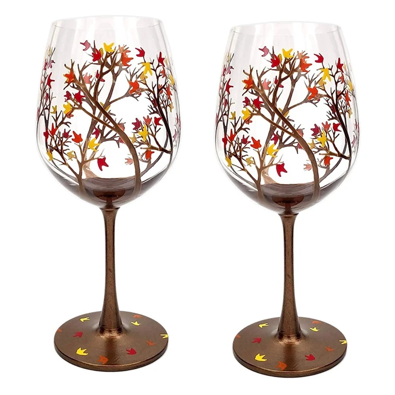 AEE4-Autumn Tree Wine Glass-Fall Colors-Leaves Of Red, Yellow, Orange Hand Painted Fall Leaf