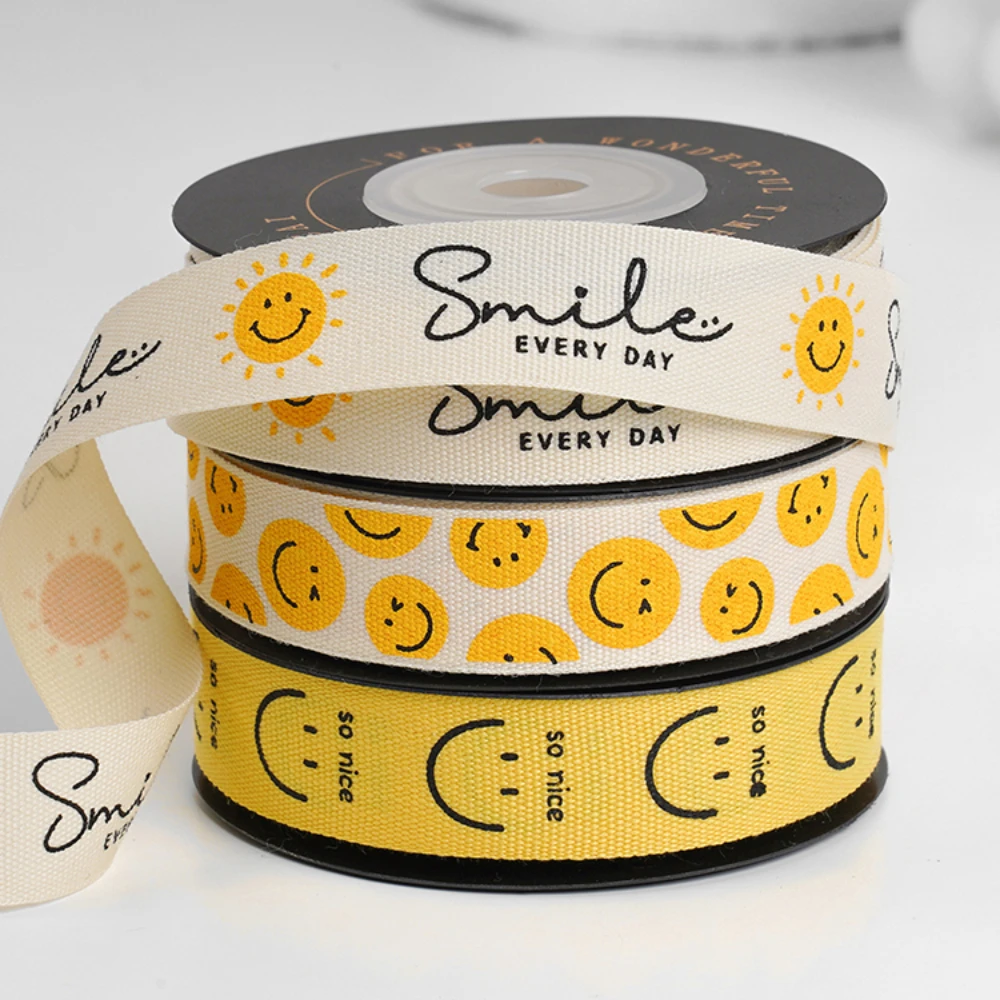 9 Meter 16MM Smiley Face Printed Webbed Korean Small Flower Clothing Accessories Polyester Ribbon HANDMADE Hair DIY Lace ribbon decoration ribbon supplies polyester ribbon