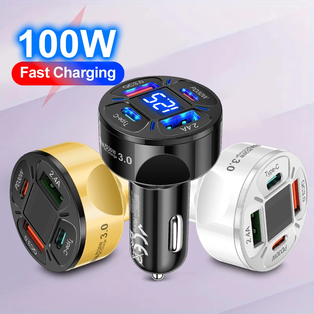 100W Type C Charger Digital Display Car USB Charger Fast Mobile Phone Charging Adapter For iPhone Xiaomi Huawei Samsung Charger