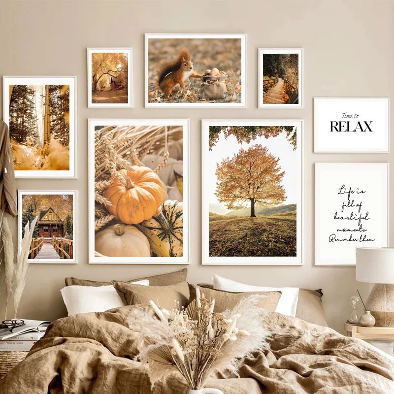 

Autumn Forest Wooden House Landscape Wall Art Canvas Painting Pumpkin Maple Leaf Posters Prints Living Room Home Decor
