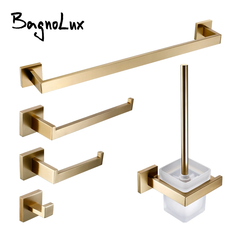 

Brushed Gold Bathroom Accessories Set Toilet Brush Holder Toilet Paper Holder Towel Bar Rail Rack Hanger Hook Soap Dish Hardware