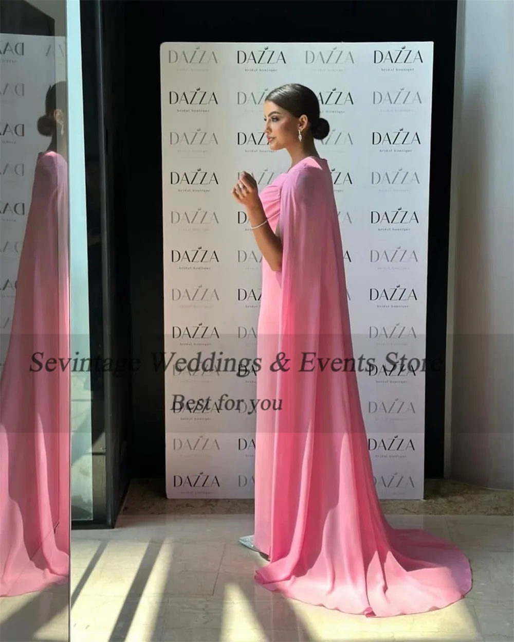 Sevintage Modest Pink Prom Dresses Satin Long Cape Sleeves Pleated Floor Length Simple Party Dresses vestidos de graduación 2024