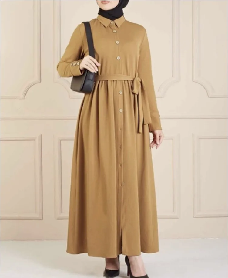 

Lapel Pucker Muslim Robe Jilbab Abaya Long Sleeve Loose Belt Buttons Ramadan Fashion Islamic Dress Abayas Women Clothing