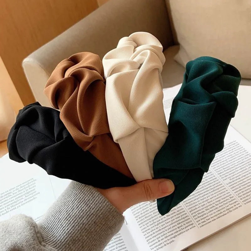 

Обруч для волос Однотонный женский, модная повязка на голову с цветочным принтом, со складками и широкими краями, аксессуары для волос