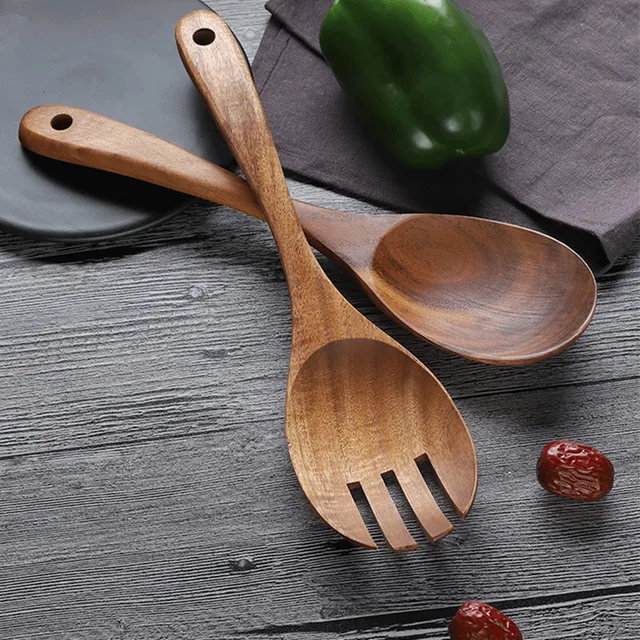 Posate Da Insalata In Legno - Set Da 2 Pezzi Con Cucchiaio E Forchetta | Per Insalate E Frutta