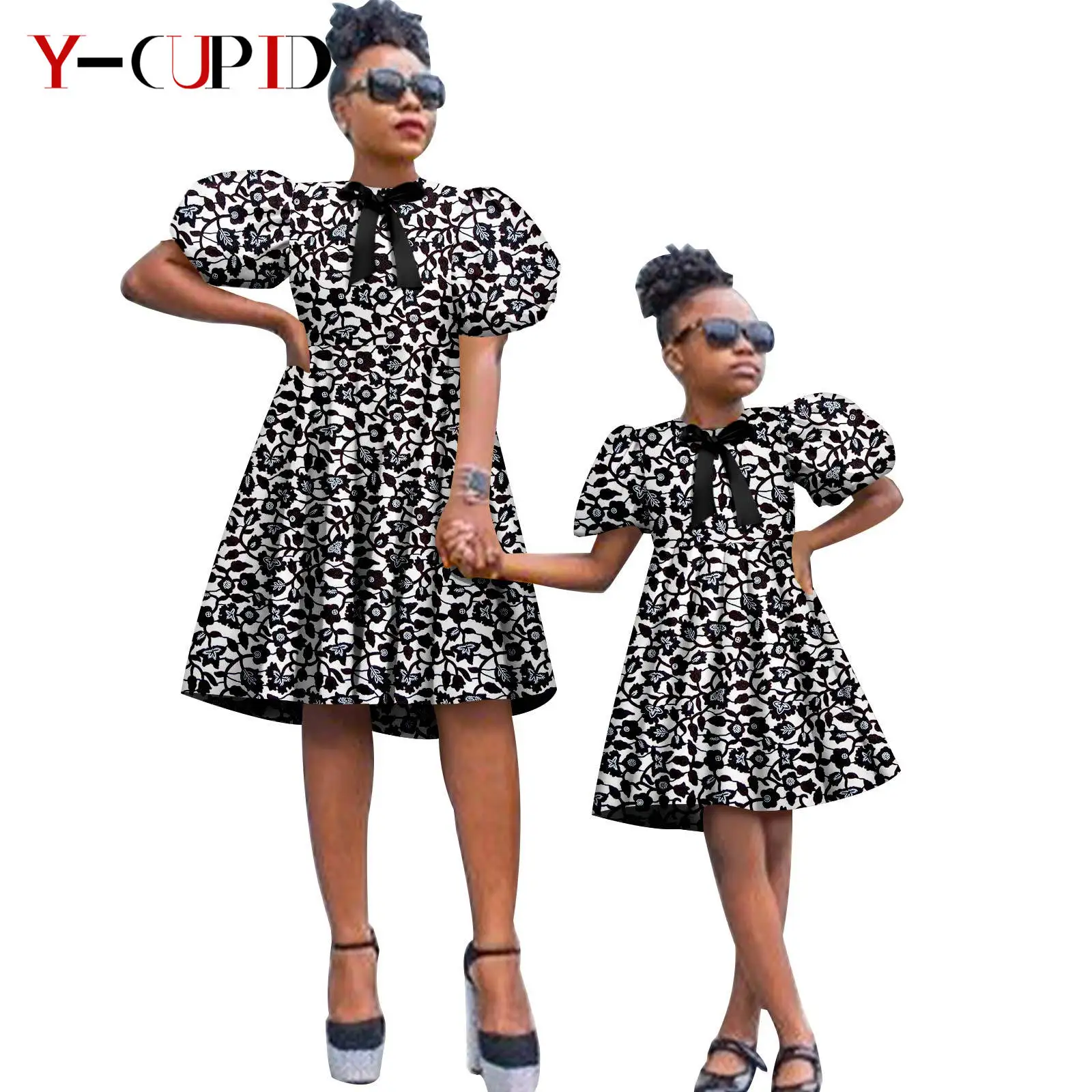 

African Print Puff Sleeve Dresses with Bowtie for Women and Girls Dashiki Mother Ankara Outfits Matching Daughter Clothes 24F019