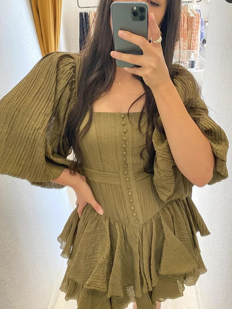 

GypsyLady High Street Chic Mini Dress Khaki Elegant Women Summer Dresses Ruffles Long Sleeve Party Sexy Ladies Dress Vestidos