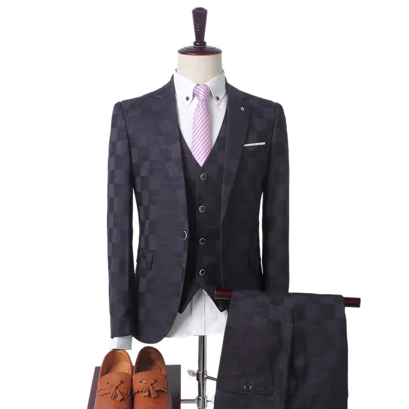 Plaid Suit Men Blazer Vest Pants Business British Style Wedding Dress Banquet High End Slim Fit Jacket Trousers 3 Piece Set mens suit